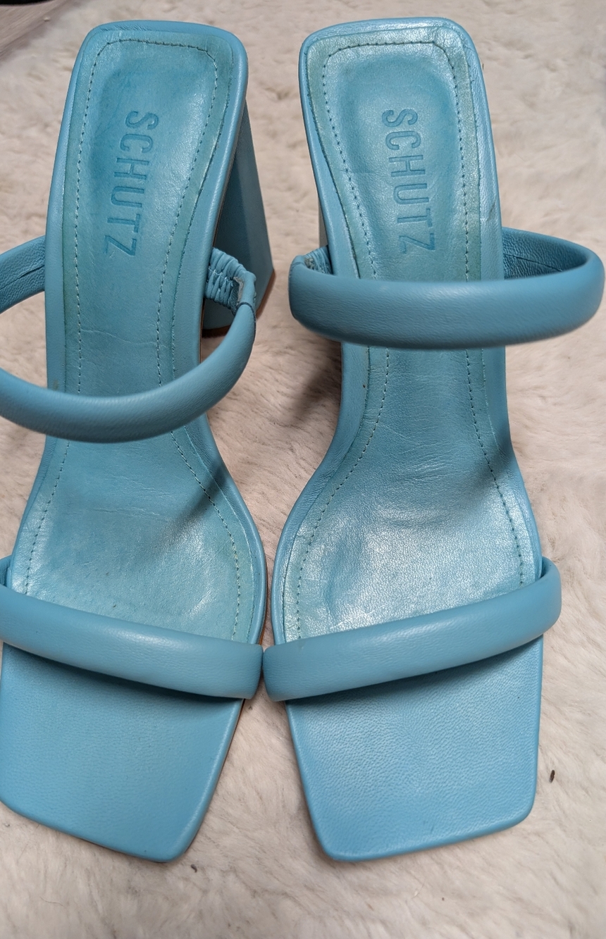 SCHUTZ Turquoise Strappy Square-Toe Block Heel Sandals - Picture 2 of 5